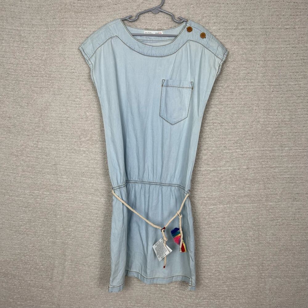 Zara Girls Dress 11/12 Light Blue Washed Denim Belted Short Sleeve Tea Length